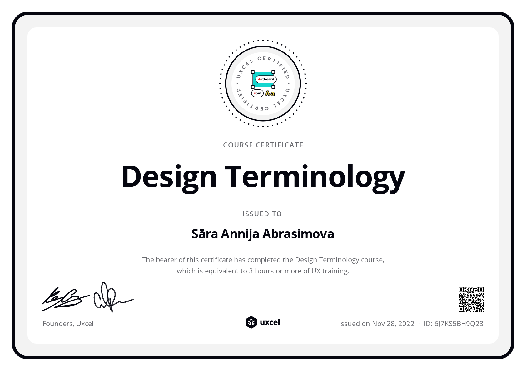 Sāra Annija Abrasimova's certificate